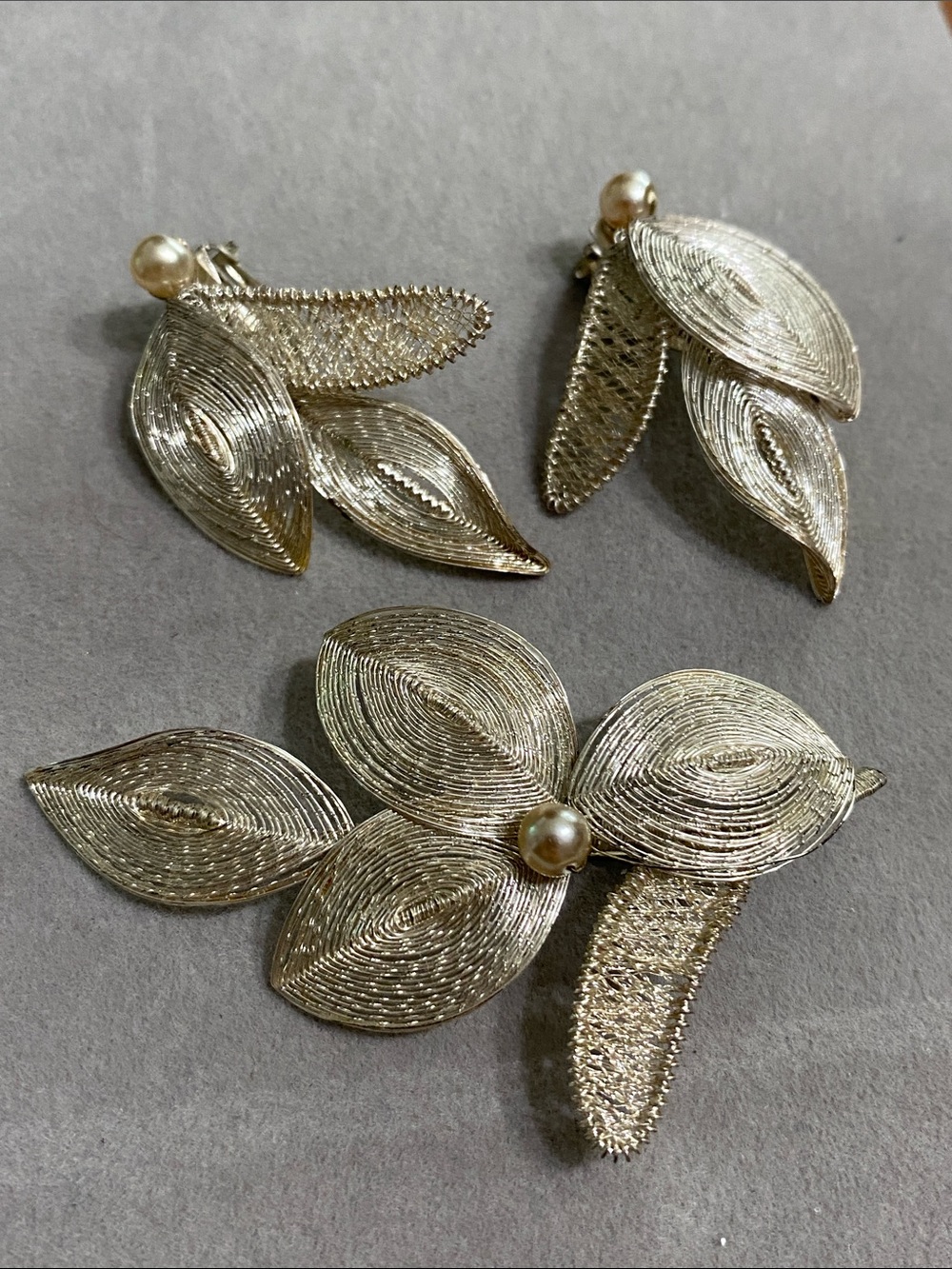 Antique GERMAN Wire Wrap Gold Leaf and Pearl Brooch with Matching Earrings